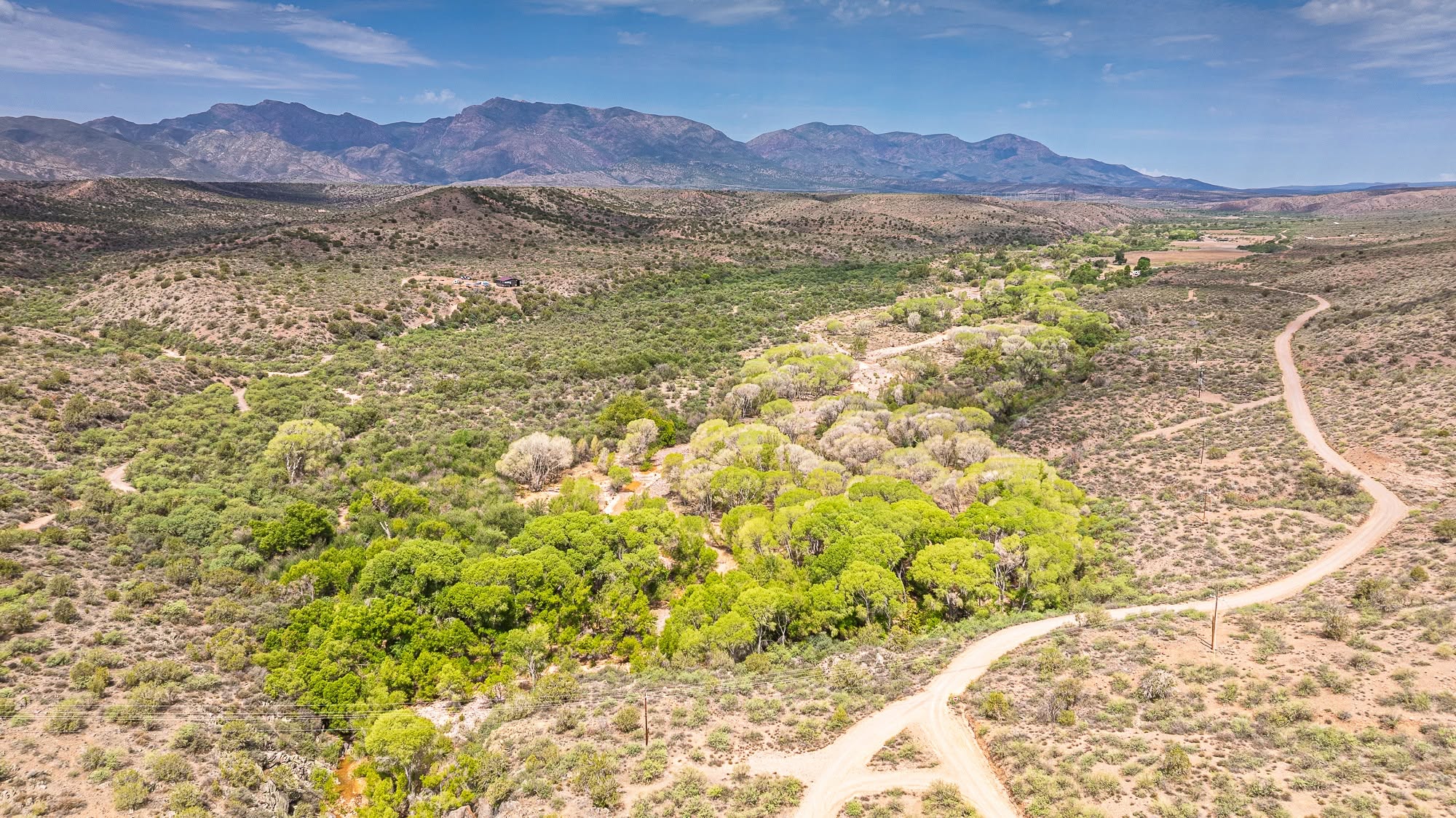 Aerial view of the Rye Creek drainage and trail winding through Tonto National Forest