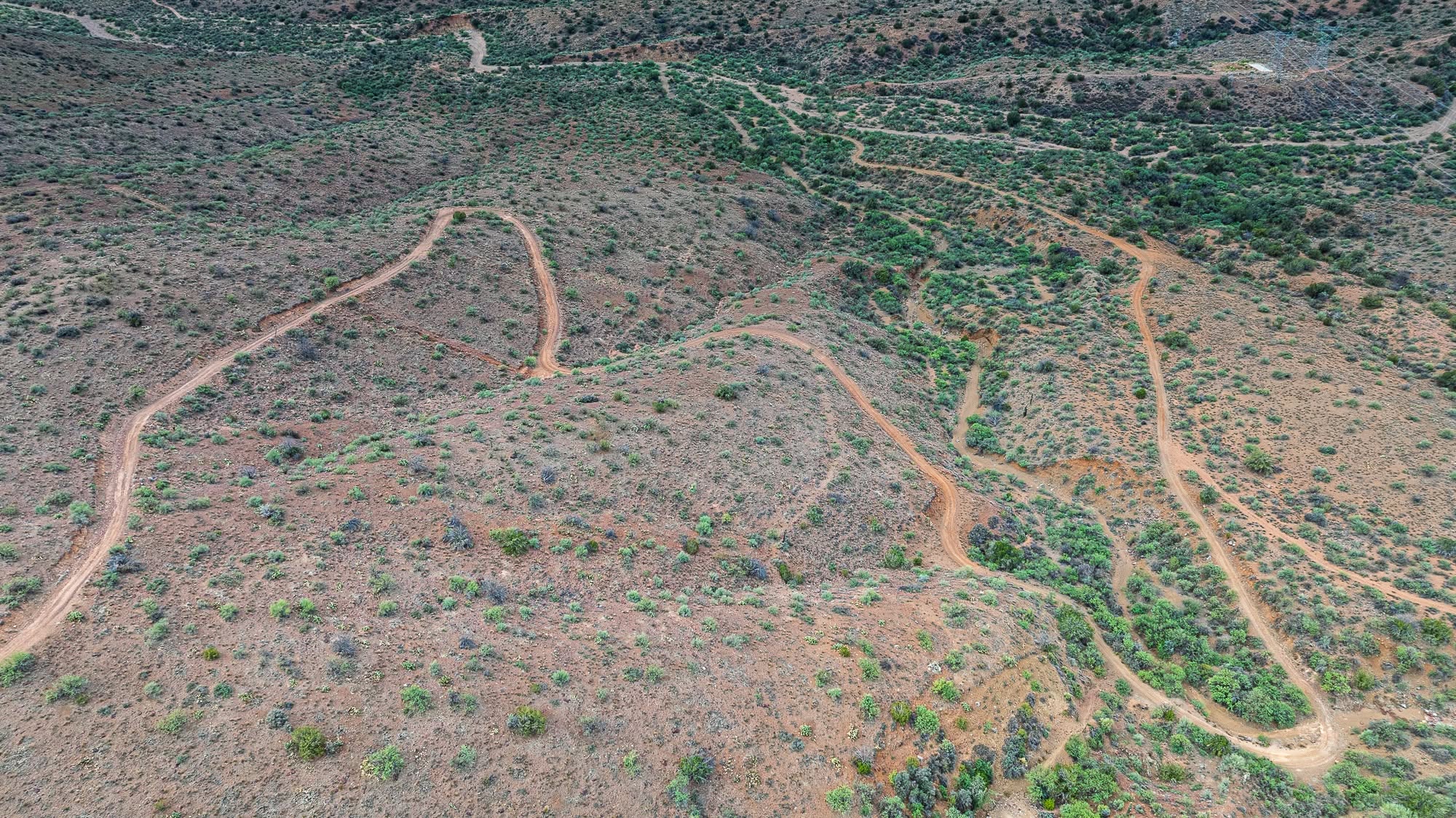 Aerial view of winding two-track roads on the Rye Creek segment